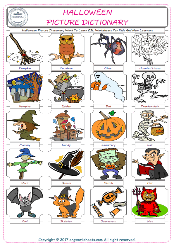  Halloween English Worksheet for Kids ESL Printable Picture Dictionary 